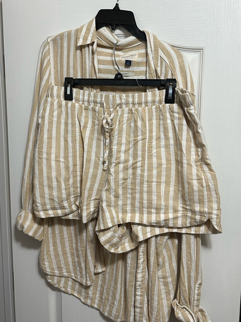 Universal Thread Beige and White Striped Long Sleeve Top and Drawstring Shorts